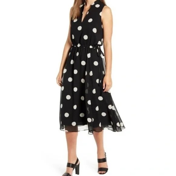 Anne Klein | Dresses | Anne Klein Vneck Midi Dress Drawstring Waist Polka M  | Poshmark